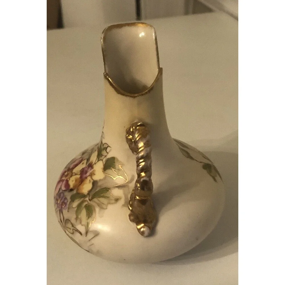 Antique Art Nouveau Ewer Austria Pink Floral Pitcher 5 1/4”h gold Handle